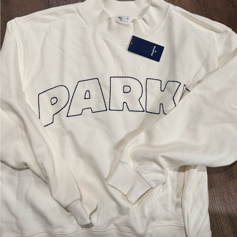 PARK Cream Crewneck Sweater with Navy Outline Logo